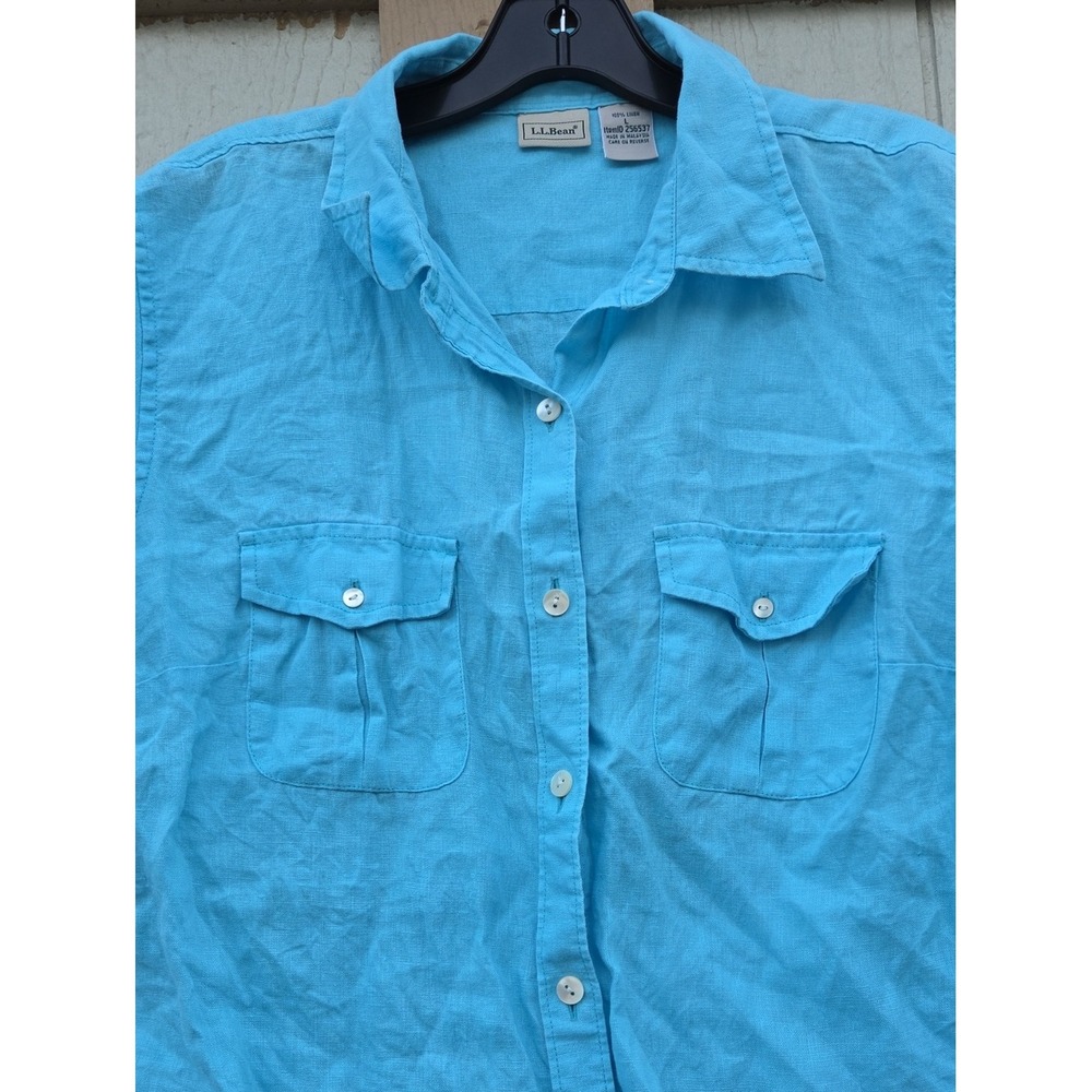 L.L. Bean Linen Turquoise Button Gorp Coastal Preppy Classic Large Ocean Blue - Picture 2 of 4